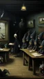 Placeholder: Bosch painting style nightmare, a dark children class room all children’s , the teacher is a hooded creature in front of the blackboard