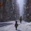 Placeholder: behind photo A young boy walking streets in tokyo post apocalyptic, snow