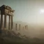 Placeholder: ancient ruins fog bright colors spotlights UFO night