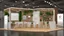 Placeholder: Corner exhibition stand in light colors with wood elements and greenery with two meeting areas