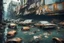 Placeholder: Junkpunk city underwater, street view, many cars old, macro photography,