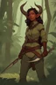 Placeholder: A DnD character. A female horned Tiefling ranger with pointy ears standing in a jungle. The Tiefling has a little pterosaurs on her shoulder and a rapier in her hand.