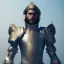 Placeholder: A handsome npc standing in front of a church, futuristic design, a paradise in background, close-up face, geometric armor, female face, 3d unreal engine