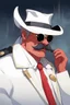 Placeholder: An old male crimson red demon wearing a white and gold police comisioner outfit, he is also wearing glasses, he has a white scruffy mustache, and a small black fedora.