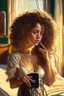 Placeholder: A beautiful woman with curly brown hair, a pensive expression, holding in one hand an old dial phone with the cord wrapped around her body, in a luxurious room in sunshine