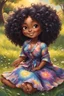 Placeholder: An whimsical oil painting art image of a chibi black cartoon of a curvaceous woman with flowing of tight curly afro of black hair that's highly detailed, wearing a tie dye maxi dress. She sits relaxed on the grass facing the warm sunlight, which illuminates her face as she looks to the side with a small smile, accentuating her prominent makeup and brown eyes. with green and hot pink roses all around