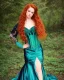 Placeholder: Magic princess with long auburn hair in a big teal green and gold satin ballgown corset off shoulder top casting magic
