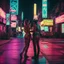 Placeholder: street photography of a woman and man on the street, night time, cyberpunk neon lights, 16mm , perfect photography, 1980's,vhs footage,wearing futuristic VR,bikini,view from back,bending,low light,shot by jvc gr-sz7,glitch,back to the future