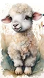 Placeholder: ultra-detailed painting, watercolor on textured paper, strong textures, dynamic ink lines, nuanced colors, art nouveau, illustration of a cute baby lamb, farm, whimsical, enchanting illustration, white background