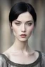 Placeholder: Scandinavian medieval woman with black short hair, pale skin, pretty lips