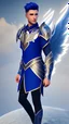 Placeholder: a human male with blue short hair and blue wings in assymetrical armor with geometric patterns and a book in hand, geometric wings