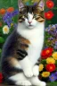 Placeholder: A young beautiful cat, portrait, is sitting in a boat, with a bunch of flowers.