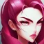 Placeholder: light blue eyes, and dark pink hair, teardrop shaped eyebrows, woman, angry expression, pointy ears