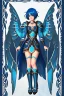 Placeholder: a human with blue short hair and blue wings in an assymetrical armor with geometric patterns and a book in hand