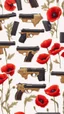 Placeholder: Two gold pistols and a red notebook on a white scarf. A field of red poppies. Close-up from above.cinematic.dark mood