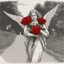 Placeholder: a woman in a greenfield carrying red roses with the angel behind