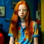 Placeholder: pretty girl, aged 13, ginger, conventionally attractive, colourful clothes, realism, jeans, dreamy, tight top