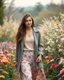 Placeholder: create a video , in a pretty nature of conuntry side a big mas of ramdom pretty flowers fall down and a beautiful lady in modern clothing comes out and walks with cute in the flowers garde