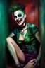 Placeholder: a multicolored, watercolor stained, wall in the background, inspired by all the works of art in the world - laughing - Millie Miller, an extremely tiny, thin, voluptuous beautiful vampire werewolf zombie Joker female with an emerald mohawk, full body image, wearing a skinsuit, Absolute Reality, Reality engine, Realistic stock photo 1080p, 32k UHD, Hyper realistic, photorealistic, well-shaped, perfect figure,