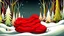 Placeholder: fantasy cartoon style illustration: red mitten on snow in the wood