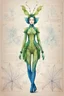 Placeholder: Hand drawn technical,full body illustration , with detailed blueprints and engineering schematics of a hybrid walking leaf insect girl, with highly detailed facial features, drawings, and technical notation, 8k, vibrant natural colors