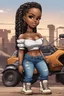 Placeholder: Create a abstract art style of a cartoon of a curvy African American chibi female wearing tight jeans and a off the shoulder blouse. She is also wearing timberland boots.. Highly detailed very long extremely braids of hair. Her skin is smooth and silky. Background of a track of ATV riders. No coloring, no shading, no grayscale,