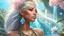 Placeholder: Photo realistic portrait of a gorgeous smiling skinny polynesian goddess with a golden dark shining skin, long smooth clear turquoise blue white hair, blue eyes, in a sci-fi outfit with luminous strikes blowing a kiss in a hill of flowers with sakura trees, a waterfall, a crystal palace, loads of mini flowers, moss, sun rays through the branches, particles in the air at spring