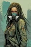 Placeholder: front facing full length portrait illustration of a grunge armored female with beaded dreadlock hair cyberpunk vampire interstellar mercenary with gas mask, telecommunications headset, and shemagh, highly detailed with gritty post apocalyptic textures, toxic irradiated landscape, finely detailed facial features and hair, in the graphic novel style of Bill Sienkiewicz, and Jean Giraud Moebius, ink wash and watercolor with realistic light and shadow