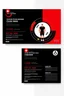 Placeholder: business card layout for a gym instructor, red and black, vector art with gym mechines, white background with email, address, phone number and Instagram icons