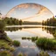 Placeholder: ountry side a calm lake ,a circular heavy plate full of holes over the lake falls to water