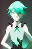 Placeholder: Phosphophyllite Houseki no Kuni on a black background stands with his back but turns to face the screen