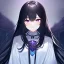 Placeholder: Clear focus,High resolution, Black long fluffy hair, long bangs, and purple eyes, Depressed girl