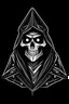 Placeholder: hanna-barbera skeleton in a black hooded cloak drawn in a retro mascot style, inside a light diamond shape on a black background, monochromatic