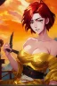 Placeholder: (Asian), short hair, fiery red hair hair, normal hands yukata, yellow clothes, 8k, best quality, winking, very dark night time, lighting from moon yellow moon, perfect, masterpiece, anime style, cartoon style,