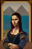 Placeholder: Mona Lisa rides bicycle at rainy time and Pyramids behind her
