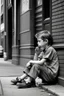 Placeholder: A boy sitting on the sidewalk, smoking a cigarette and wearing sandals