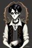 Placeholder: black haired young man necromancer wizard with gothic jewelry in the style of charles addams