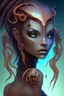 Placeholder: gorgeous female humanoid alien, stepping out of darkness, looking over shoulder, tentacles, copper zinc orichalcum jewelry and piercings, beautiful face, mesmerizing starry eyes, smooth translucent skin.