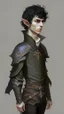 Placeholder: boy elf,he has curly, black hair and sharp cheekbones. His eyes are black. He wears fantasy medieval clothes. he is lean and tall, with pale skin, full body with boots, side view full body side profile