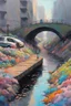 Placeholder: painting of a cyberpunk colourful natural walkway rubbish on the street in the city with pollution and a small bridge by a creek with electric sheep and androids by monet