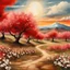 Placeholder: cinematic 16k resolution masterpiece illustration painting consisting of oil, watercolors and ink :: orchard of blooming red peach trees romantic naturalism landscape :: conveys terror and horror :: detailed background mountains white cerastiums flowers creek :: frisco watercolors and oil sky multi-colored bright large sun cloudscape :: vibrant rustic red and white palette :: intricate motifs perfect composition insanely-detailed extreme-detailed hyper-detailed volumetric deep rich colors volume