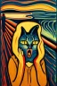 Placeholder: Cat holding her head with her hands. The scream Edvard Munch. Painting style of Edvard Munch