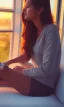 Placeholder: Beautiful, thin young woman, Arab home clothes, wavy hair, sitting on an office chair, reading a novel, next to a window, outside the window is sunset , 8k, finely detailed, photo realistic, cinematic