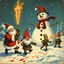 Placeholder: there is no kebabs at christmas, evil Santa, evil gnomes running around, staring flaming eyes, evil Rudolf, very big evil angry Frosty the snowman in background, kebabs and kebab, 1940 christmas postcard, blood stains