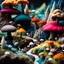 Placeholder: Close-up photograph of a landscape made of felt, animals, fungi, crystals, mineral concretions, extreme detail, intricate, colours, Tim Burton, Harry Potter, sinister scribbles, sparkles, bokeh