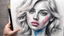 Placeholder: street artist draws a portrait of a blonde woman, charcoal, pencil, pink lips, blue eyes, fine drawing, hand with a brush