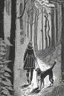 Placeholder: in the style of a Henry Justice Ford drawing, a woman walks through a forest, she is followed by a dog