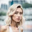 Placeholder: beautiful anorexic asian female, total shot, shiny silver triathlon swimsuit, short blond wavy bob hair, blurred city background