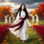 Placeholder: Hyper Realistic Photographic-View of Extremely-Beautiful Young Happy Pashto Girl With Long-Black-Hair-Beautiful-Eyes-&-white-frock-with-maroon-shawl-tied Whirling in Autumn-Weather with cloudy sky in-a-garden-with-grass-arches showing dramatic & cinematic ambiance.