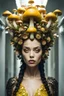 Placeholder: a very beautiful woman, with several mushrooms coming out of her head forming a crown, large, alien yellow eyes, thick lips, with a carapace made of mushrooms covering her body, walking in a corridor